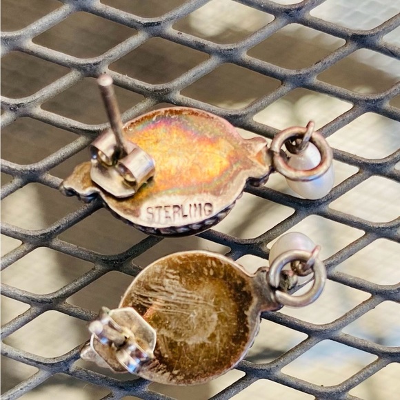 Sterling Silver, Black Onyx and Pearl Drop Earrings - Picture 2 of 2